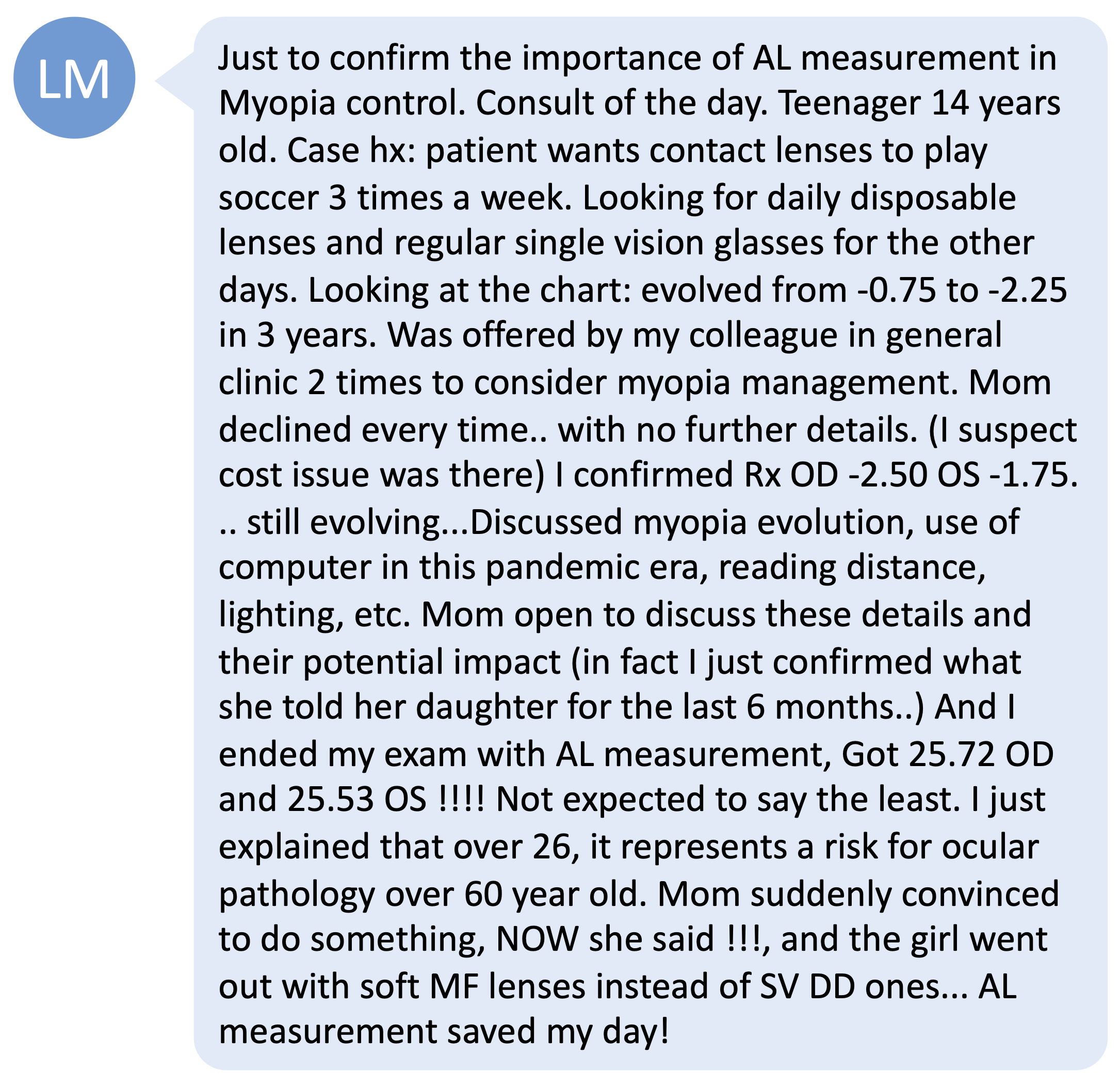 1st communication with parent about axial length